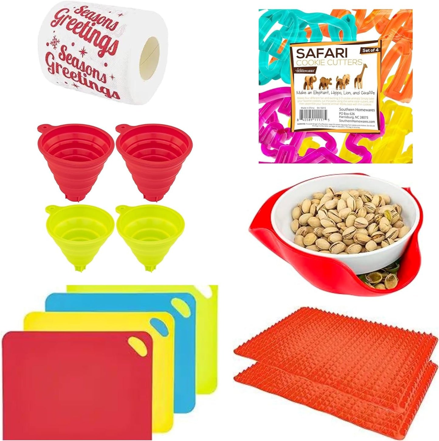 Southern Homewares Culinary Collection: Serving Dish, Cookie Cutter, Funnel Set, Raised Cutting Board, Silicone Pot Holders, and Holiday Novelty Toilet Paper - Ultimate Cooking Prep Bundle